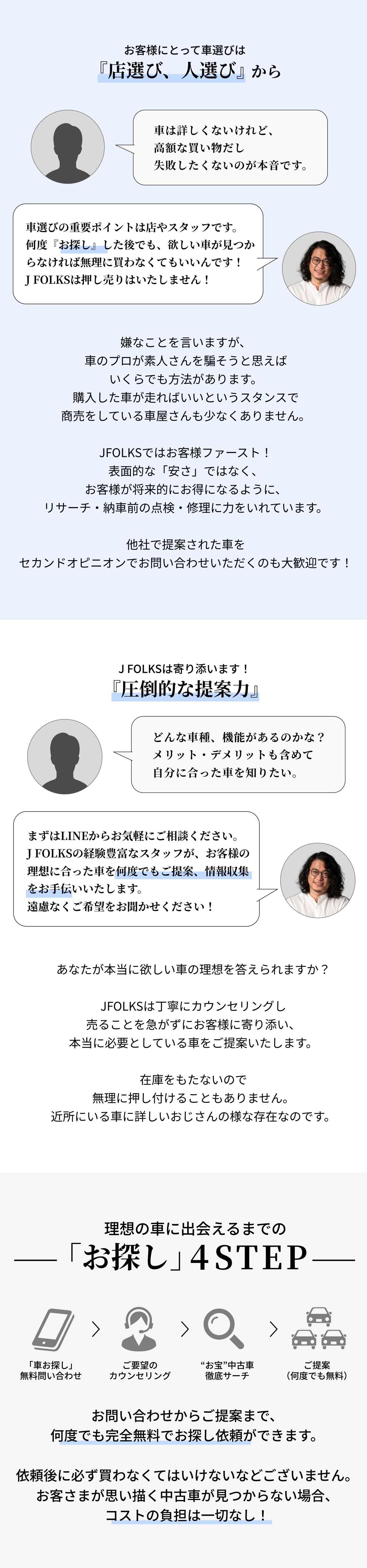 車選びの重要ポイントは店やスタッフです。何度「お探し」した後でも、欲しい車が見つからなければ無理に買わなくてもいいんです！J FOLKSは押し売りはいたしません。